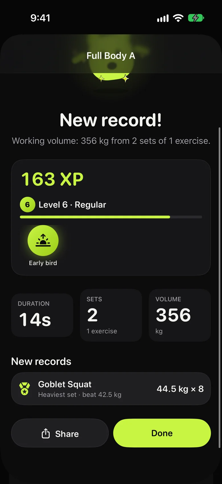 Repvora's workout summary celebrating a new record with 163 XP earned