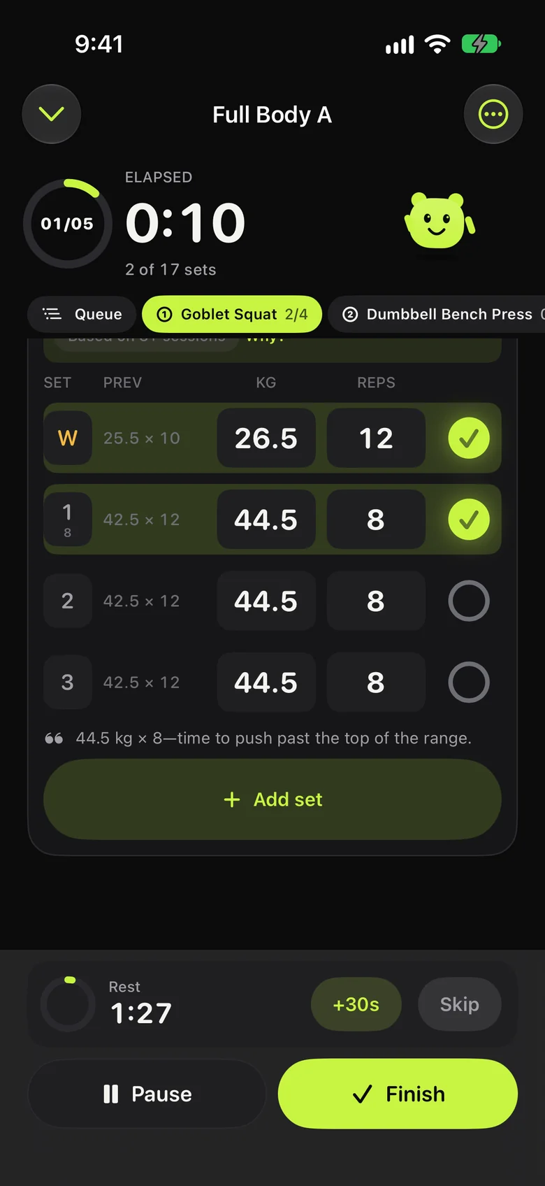 A live workout in Repvora: goblet squat sets logged with weights and reps, and a rest timer counting down