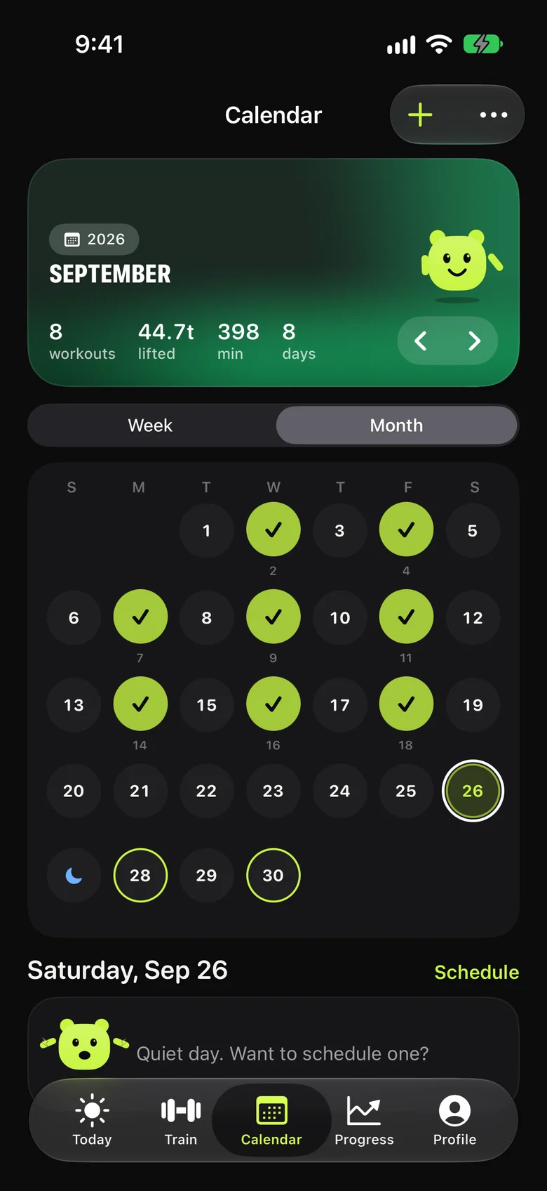 Repvora's calendar for September with completed workout days ticked in lime
