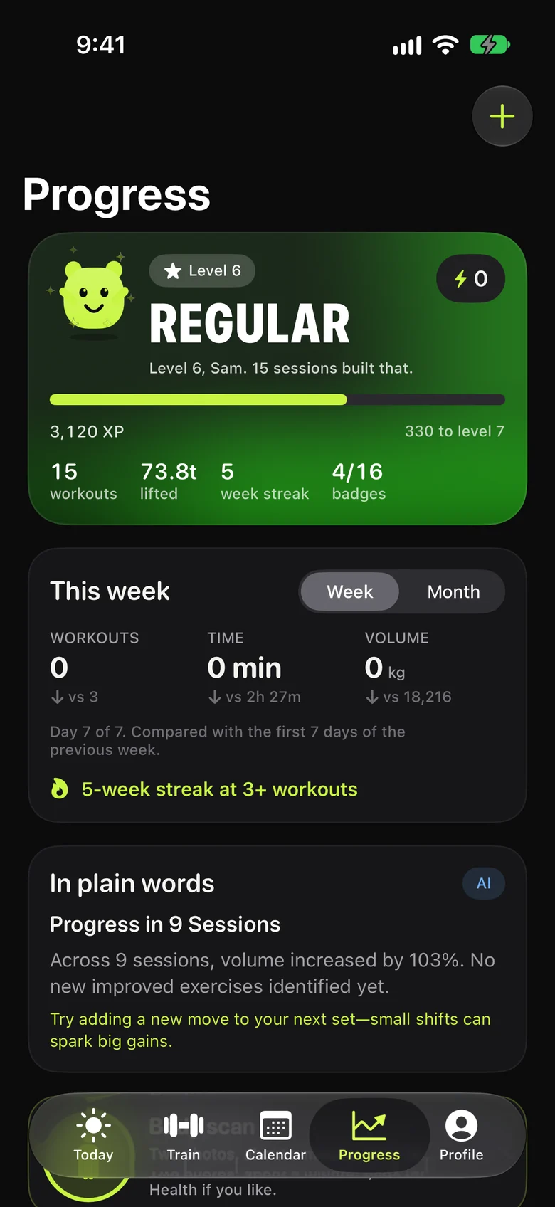 Repvora's progress screen showing level 6, total XP, workouts and a weekly summary